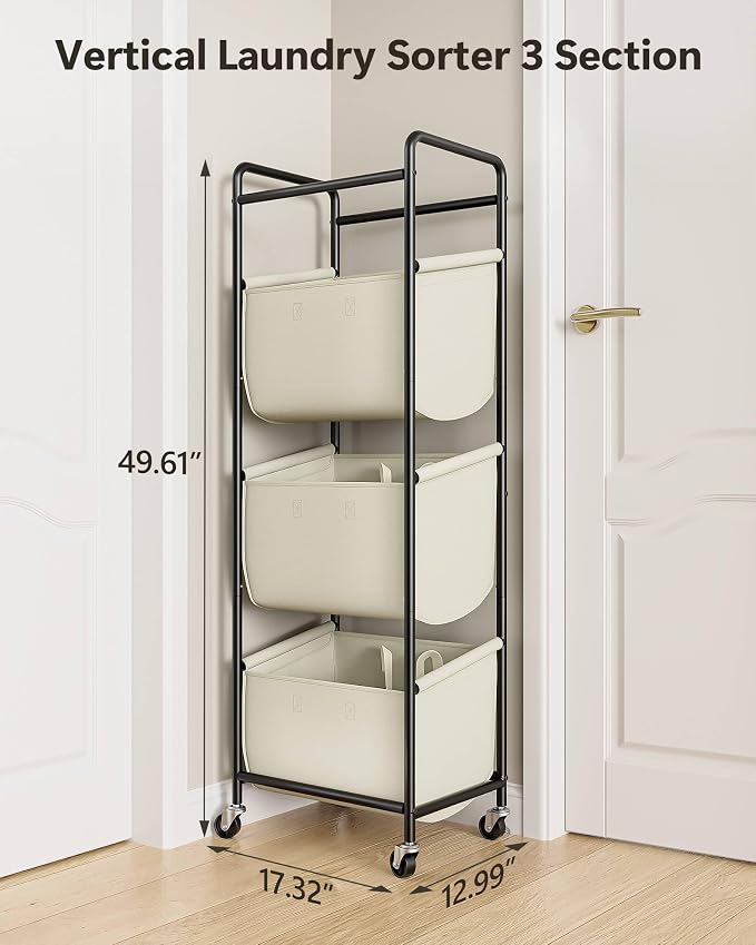 3 Section Laundry Sorter with Removable Bags, 120L Rolling Vertical Laundry Hamper, Stackable Laundry Baskets organizer for Bathroom, Apartment, Dorm (Beige, With Wheel) - Image 8