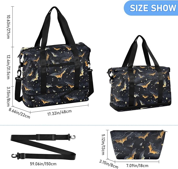 Travel Duffel Tote Bag Gothic Skull Bat Sports Duffel Bag with Wet Pocket Weekender Overnight Bag for Women Men Gym Bag, Carry On Bag Hospital Bag for Labor and Delivery - Image 6