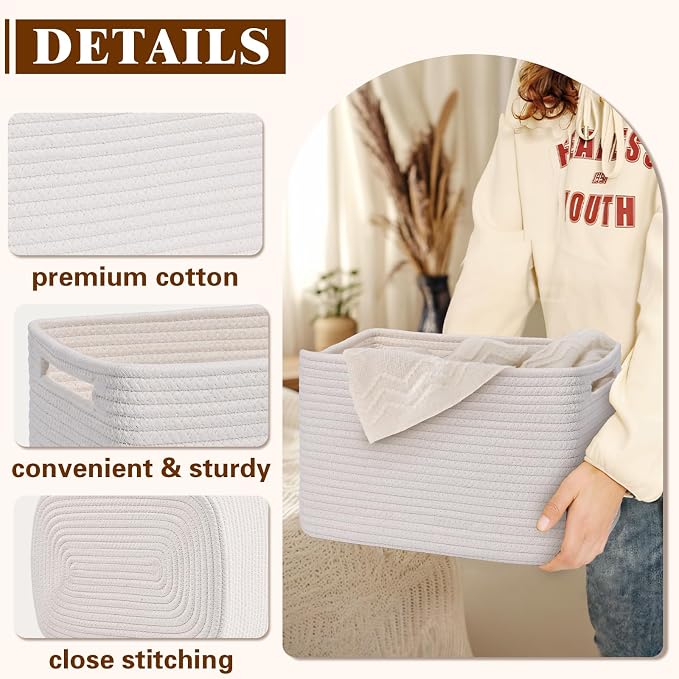 Storage Baskets for Organizing, 4 Pack Baskets for Shelves, Decorative Storage Bins for Shelves, Cotton Rope Storage Basket with Handles, Woven Basket for Storage, 13''Lx8.7''Wx7.9''H, White - Image 5
