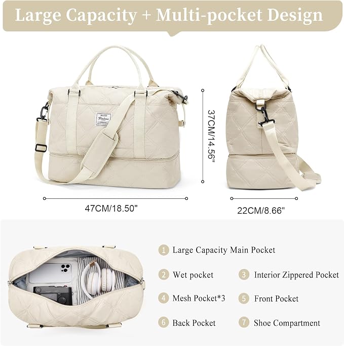 Weekender Bags for Women, Travel Duffel Bag with Shoes Compartment | Overnight Bag with Toiletry Bag, Carry on Personal Item Bag for Travel Business Trips Sport Hospital,Quilted Travel Bag Set - Image 3