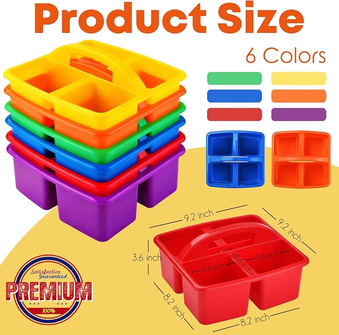 ALINK Plastic Classroom Caddy Organizer with Handle, 6-Pack 4 Compartments | Teacher Supply Storage Caddy for Classroom Organization, Table, Desk, Office, Craft Art for Kids - Assorted Colors - Image 2