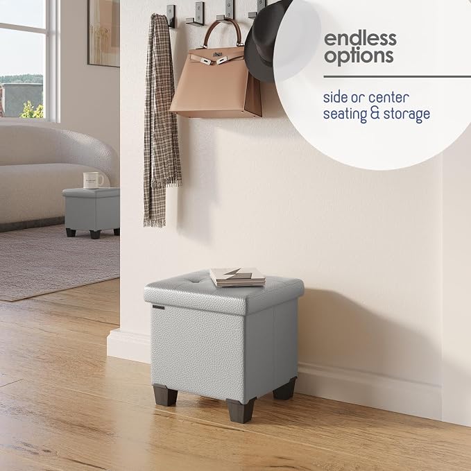 Storage Ottoman Cube with Small Bin, 15-in Square Ottoman with Storage for Living Room and Bedroom, Small Ottomans Foot Rest, Leather Foot Stools Ottomans Max 330lbs, Light Grey - Image 6