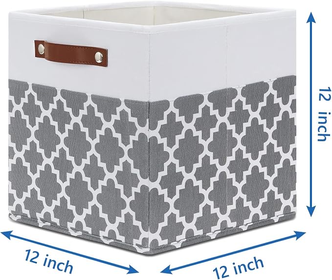 Temary 12x12x12 Fabric Storage Bins 4 Pack with Leather Handle, Foldable Cubes Storage Box Baskets for Closet, Shelf (White&Lattice) - Image 2