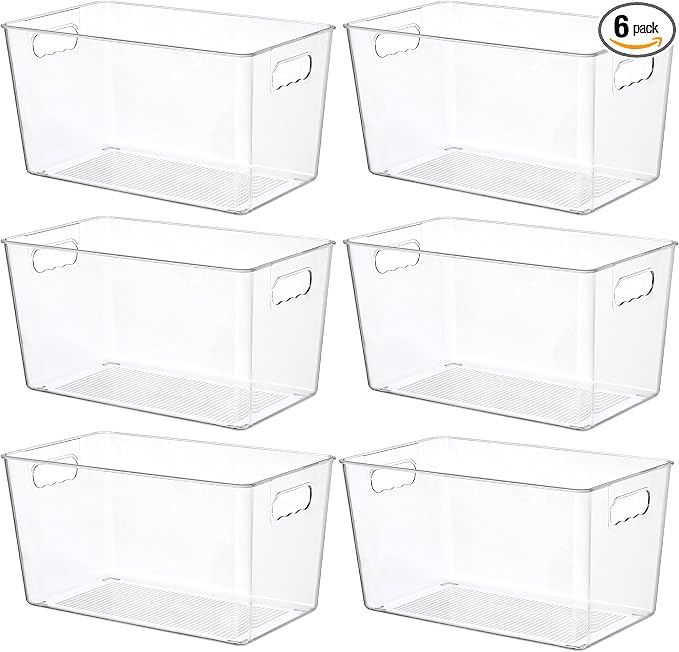 Vtopmart 6 Pack Clear Storage Bins, Pantry Storage Bins with Handle, XL | Plastic Pantry Organizer Containers for Kitchen, Refrigerator, Fridge, Cabinet, Countertops, Home Organization and Storage by Vtopmart