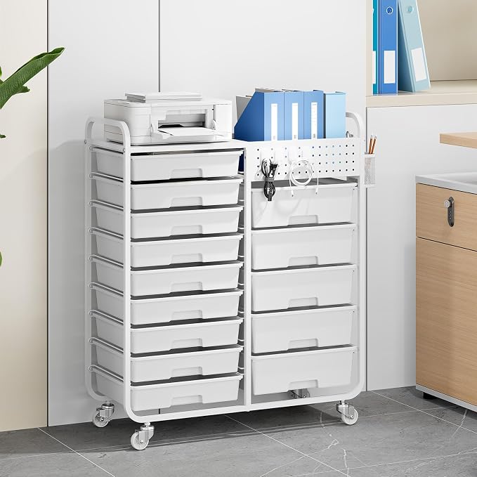 14 Drawer Rolling Storage Cart with Tabletop and Pegboard for Crafts White | Easy Setup, Large Capacity, Sturdy Build, Smooth Mobility, For classroom, office and dorm supplies - Image 8