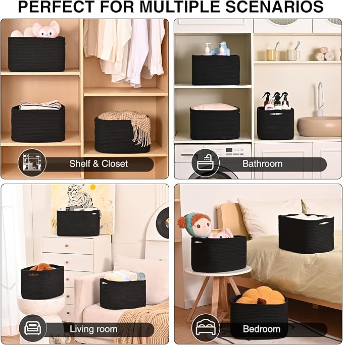 Storage Baskets for Organizing Shelves, Woven Cotton Rope Bins for Organization, Dog Toy Organizer for Shelf Living Room Bedroom, 14.8"×11"×9.5", Pack of 3, Black - Image 5