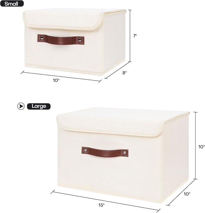 ANMINY Fabric Storage Box Bins with Lids, Beige, 15"x10"x10", 2 Pack | Keepsake Memory Storage, Cotton Linen, PP Board Reinforced, Washable, PU Handles, Foldable & Stackable, Decorative, Large - Image 5