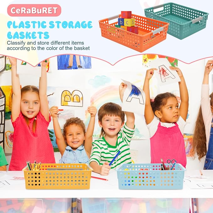 24 Pack Classroom Baskets, Colorful Organizer Baskets, Classroom Storage Bin Book Basket, Pencils Storage Basket Plastic Book Bins for Study Room, Living Room Office Organizer - Image 9