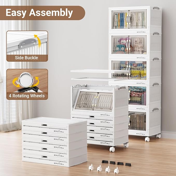 BROVIEW 135Qt Stackable Storage Bins with Lid, Extra Large Closet Organizer Collapsible Drawer Boxes with Wheels, Folding Plastic Cabinet Containers for Home Kitchen Room Organization, 3Pack White - Image 5