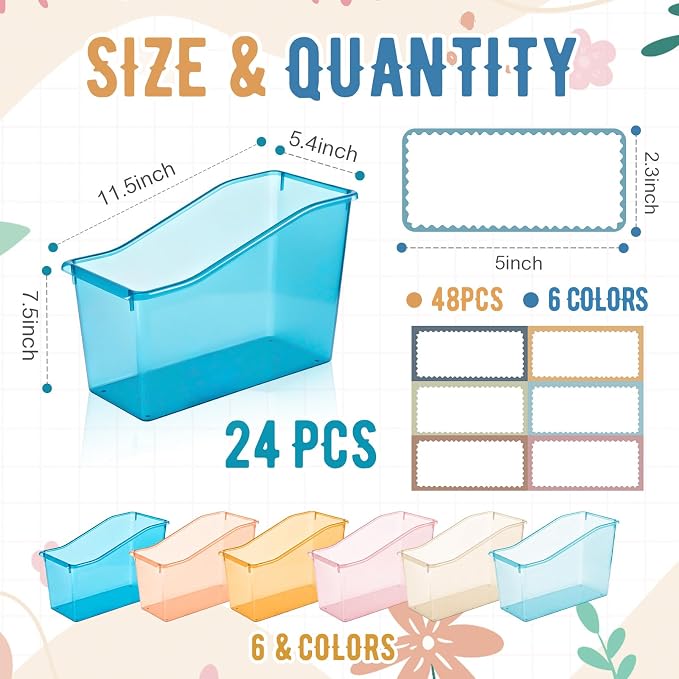 Geetery 24 Pcs Book Bin for Classroom with Labels Stackable Plastic Organizing Bins 11.5 x 5.4 x 7.5 in Book Holders Storage Bins Box Baskets for Classroom Library Home (Semitransparent) - Image 2