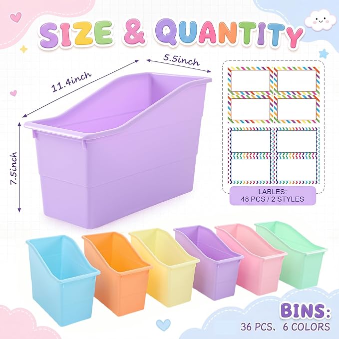 Blosssound 36 Set Book Bins for Classroom Stackable,Pastel | Plastic Baskets with Labels, Slanted Front, Library Supplies Organizers, Desktop Storage Bins, Teachers Home School Use - Image 2
