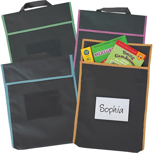 Really Good Stuff Store More Large Book Pouches – Send Home Books and Homework in Durable Fabric Book Bag – Stitched-On Handle, Clear Name Tag Pocket, Black with Neon Color Trims, 12”x1”x15” (4) | Ages 4+, PreK+, Stitched-on Handle, Clear Name Tag Pock... by ReallyGoodStuff