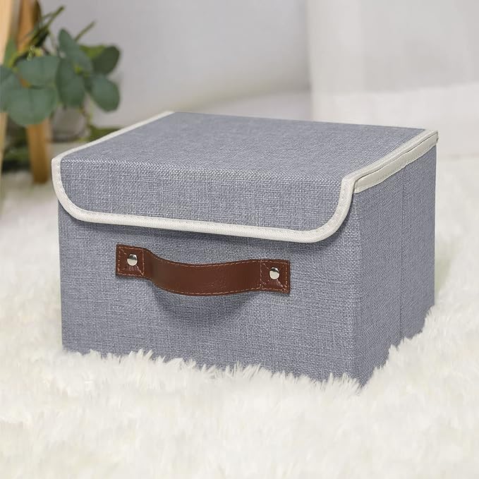 ANMINY Fabric Storage Box Bins with Lids, Gray, 10"x8"x7", 4 Pack | Keepsake Memory Storage, Cotton Linen, PP Board Reinforced, Washable, PU Handles, Foldable & Stackable, Decorative, Small - Image 5