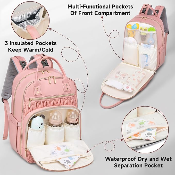 Tealari Diaper Bag Backpack,Stylish Baby Diaper Bag,Waterproof Travel Diaper Backpacks Baby Bags with Changing Pad,Stroller Straps,Insulated Pockets (Pink) - Image 3