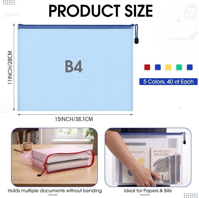 200 Pcs B4 Mesh Zipper Pouch Bags, Mesh Bags with Zipper Bulk, Vibrant | Waterproof Document Zipper Pouches, Reusable Storage Bags for School Office Classroom Organization Board Games Puzzle - Image 2