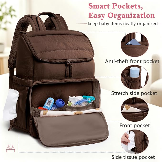 Puffy Diaper Bag Backpack for Mom, Lightweight Quilted Baby Bag with Waterproof Changing Pad, Large Travel Diaper Backpack with Insulated Bottle Pockets, Wipes Pocket, Stroller Straps - Image 5