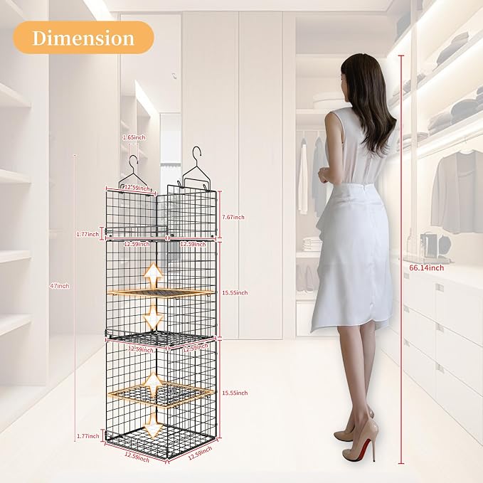 Yuyetuyo 5 Tier Closet Hanging Organizer and Storage Separable Hanging Closet Shelves with 4 Hooks 2 Adjustable Dividers, Wire Storage Basket Bins for Clothing Sweaters Socks Dolls Handbags, Foldable - Image 3