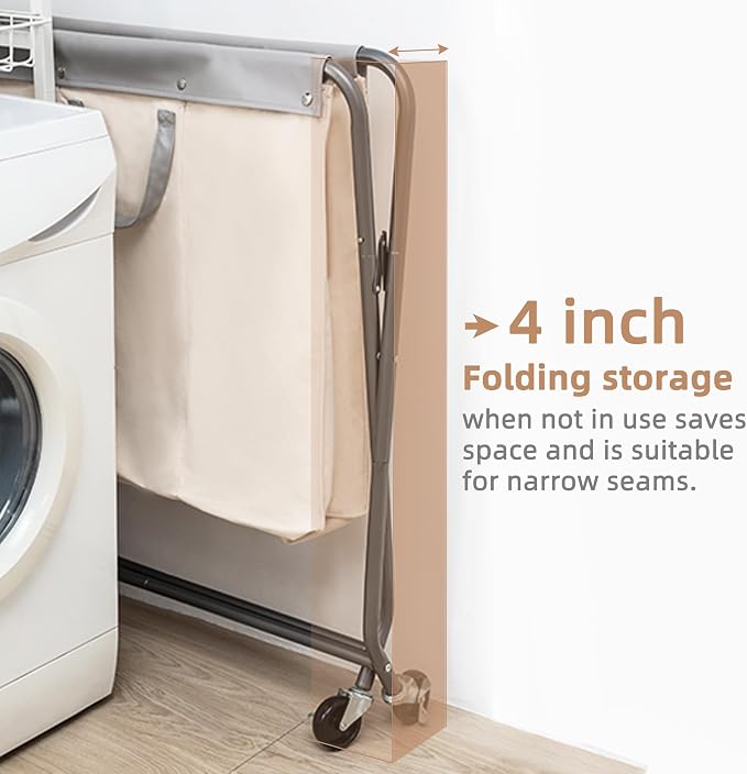 STORAGE MANIAC 160L Collapsible Laundry Hamper with Wheels, Rolling Laundry Basket, Heavy Duty Cloth Sorter with Removable Bag, Folding X Frame Clothes Organizer Cart for Easy to Store, 3 Section - Image 4