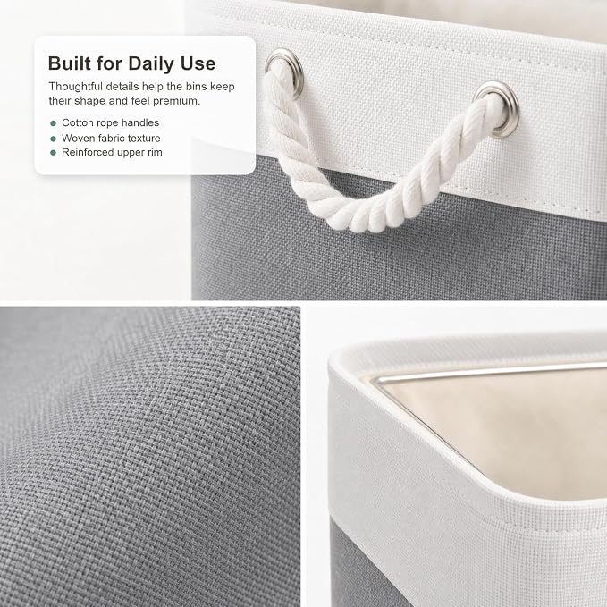 11x11 Inch Cube Storage Bins, 8 Pack Collapsible Fabric Storage Cubes with Rope Handles, Waterproof Foldable Storage Baskets for Cube Shelves, Closet, Clothes, Toys, Books, White & Gray - Image 4