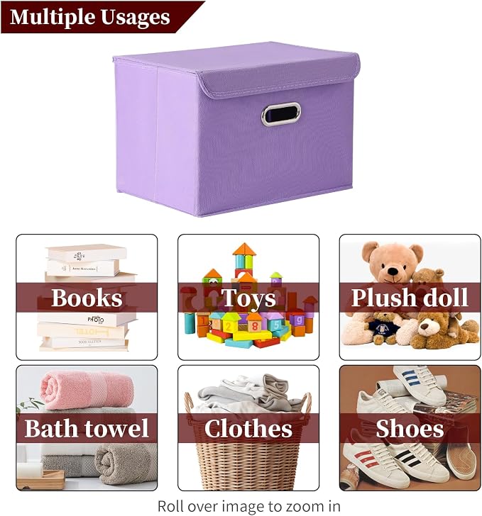 STOREONE Fabric Storage Cube Bins Foldable Organizer Container Collapsible Basket with Lids and Metal Handles, for Home, Bedroom, Closet 6 Pcs (multicolour-purple) - Image 3