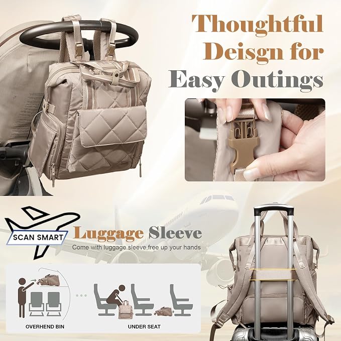 Omanmoli Diaper Bag Backpack Quilted Baby Bag Travel Breast Pump Backpack | 11 Organizing Pouches,Large Insulated Cooler Compartment,Wipe Pocket,Insulated Pocket,Stroller Straps,Changing Pad - Image 6