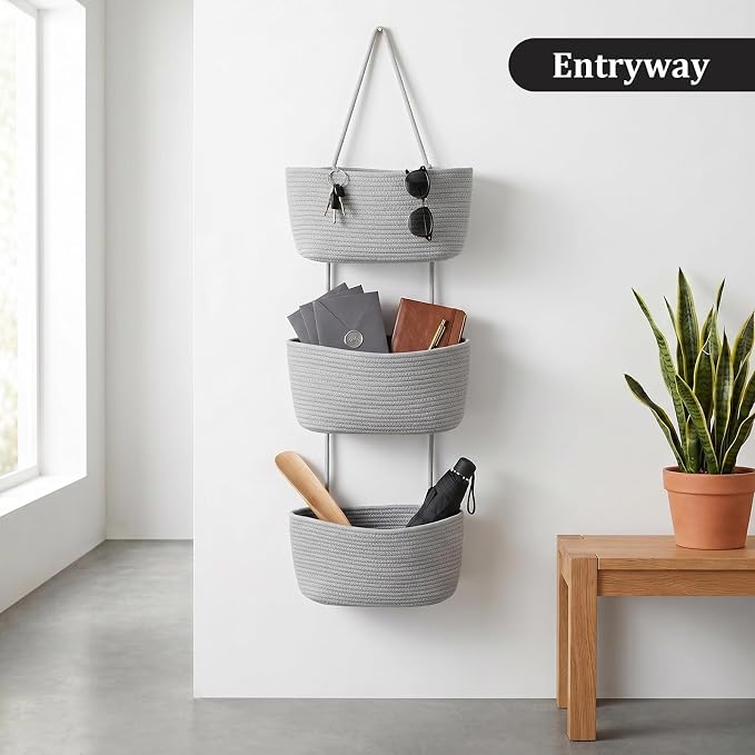TeoKJ Over the Door Hanging Basket, 3-Tier Woven Cotton Wall-Mounted Storage Organizer Bag Decorative Hanging Nursery Baskets, Gray - Image 8