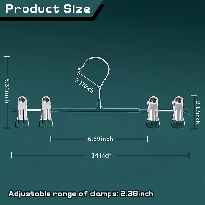14 Inch Pants Hangers with Clips Skirt Hangers, 10 Pack, Green | Non-Slip,Adjustable metal clips,Space-Saving,Heavy duty, for pants/skirt/dress/trousers/jeans/shorts/Clothes,Women,men - Image 7