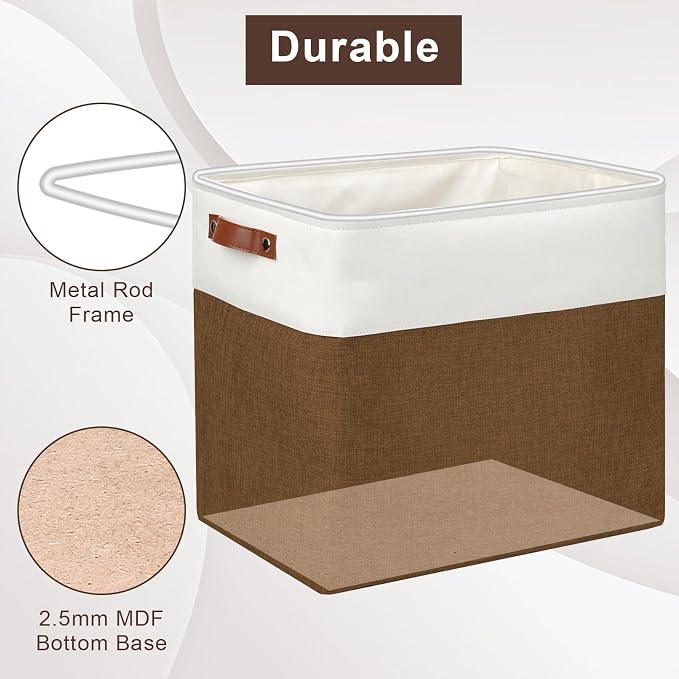 Large Fabric Storage Baskets | 50L Storage Bins, Decorative Linen Closet Baskets with Handles for Organizing, Shelf, Toys, Clothes, Home, Office, Nursery, 17x12x15Inches (Brown&White) - Image 4