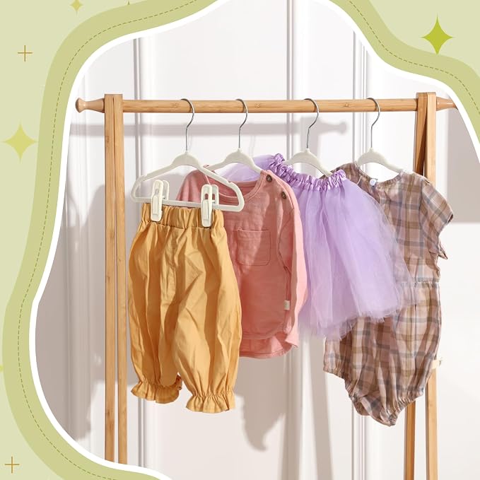 50 Pack Velvet Hangers for Baby & Kids, 11 Inch Non-Slip Infant Clothes Hangers with 100 Multi-use Adjustable Clips, Slim Space Saving Hanger for Nursery Closet, Toddler Skirts Pants Coat, Beige - Image 6