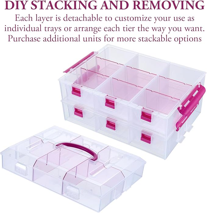 MyGift 11 Inch Clear Arts and Crafts Stackable Container, Sewing Supplies Storage Organizer Case with Pink Accents, 24 Customizable Compartments, and 6 Drawers with Removable Dividers - Image 2