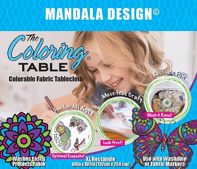 Mandala Design – XL Rectangle Tablecloth 60”X102” - Interactive Coloring Tablecloth for Kids – Poly/Cotton Fabric - Washable and Reusable – DIY Activity for Children & Adults - Image 2