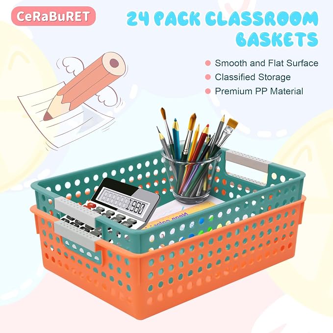 24 Pack Classroom Baskets, Colorful Organizer Baskets, Classroom Storage Bin Book Basket, Pencils Storage Basket Plastic Book Bins for Study Room, Living Room Office Organizer - Image 5