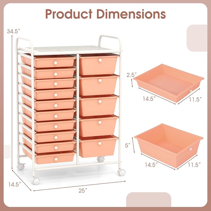 COSTWAY 15 Drawer Rolling Storage Cart, Mobile Storage Organizer | Removable Drawers & Metal Frame, Multipurpose Utility Tools Paper Organizer on Wheels for Home, Office (Peach) - Image 3