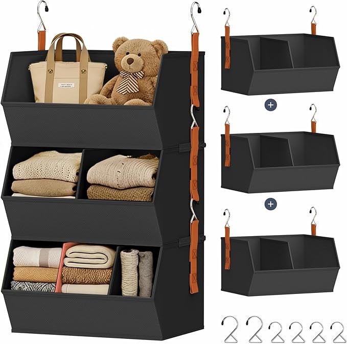DIMJ Hanging Closet Organizer Extra Large, Clothes Hanging Shelves for Closet with Divider, Collapsible Closet Storage System, Fabric Storage Bins for Home, Black, 15.75 × 12.20 × 9.44, 3 Pack by DiMJ