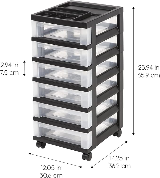 IRIS USA 2 Pack 6-Drawer Plastic Storage Rolling Organizer Cart with Caster Wheels for Laundry Room, Bathroom, or Closet Dresser Storage, Black/Clear - Image 3