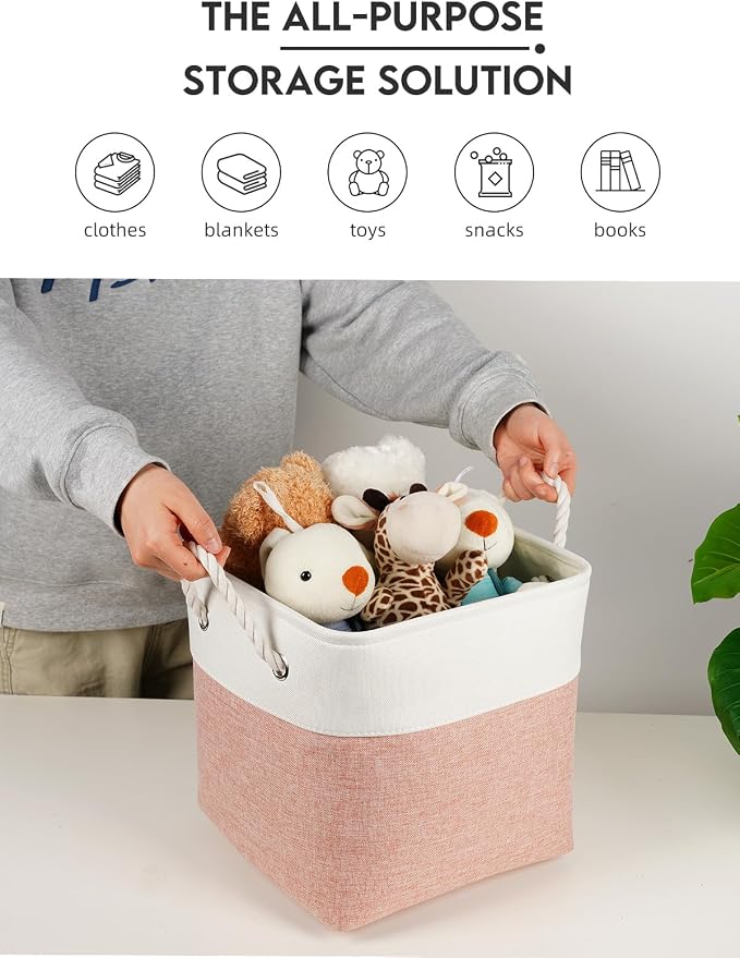 Temary 11 Inch Storage Cubes, Sturdy Fabric Bins with Metal Support & Soft Rope Handles, 6 Pack Foldable Nursery Organizer Baskets for Clothes, Home (White & Pink) - Image 7