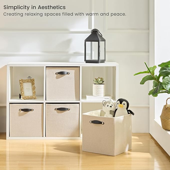 Cube Storage Bins | 11.8"x11.8"x11.8", Beige, 6 Pack | Multi-Size | 2X Thick Support Board | Vegan Leather Handles | 7.7 oz/yd² Fabric | 12"x12" Drawer Insert Basket - Image 2