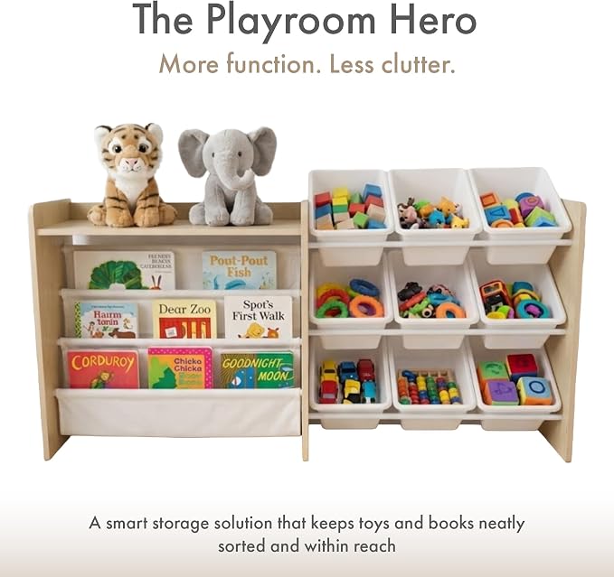 Humble Crew Kids Toy Storage Organizer, Front Facing Bookshelf, 9 Bins Wood | Removable bins, solid hardwood, 49 in wide with top shelf, toddler friendly, easy cleanup, for playrooms and nurseries - Image 5