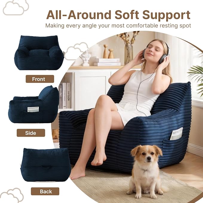 Bean Bag Chair for Adults & Kids, Giant Bean Bag Sofa with Side Pocket, Corduroy Beanbag Chair with Armrests, Comfy Stuffed Floor Sofa for Living Room Bedroom Dorm, Blue - Image 7