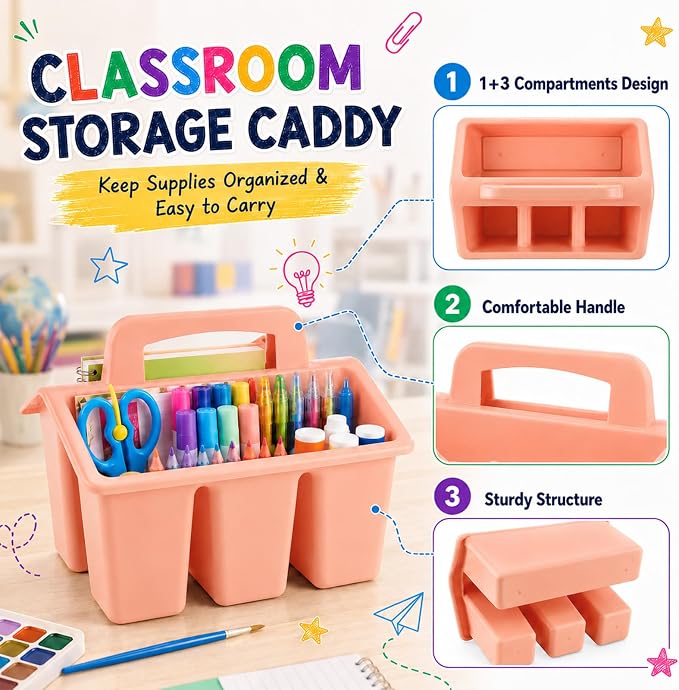 8 Pack Classroom Caddy Storage Basket with Handle 4 Compartment Storage Caddy Plastic Arts Crafts Caddies Protable Classroom Craft Caddies for Kids Schools Art Craft Supplies(Boho) - Image 3