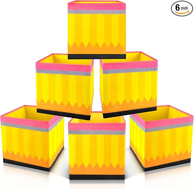 Demonwer 6 Pcs 11 Inch Fabric Storage Bins Pencil Themed Cubby Basket Bins with Handles Yellow Pencil Storage Containers for Back to School Decorations Office Home Organizer Supplies by Demonwer