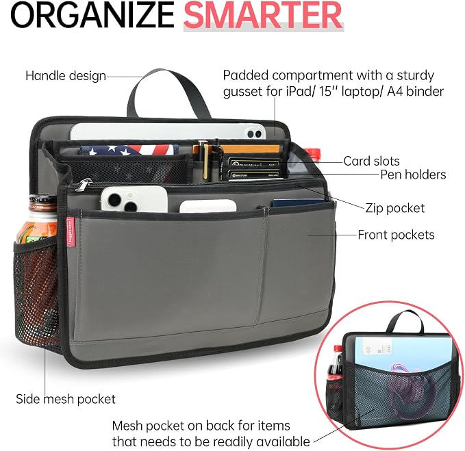 Large Rugged Organizer Insert for Briefcase Tote Shoulder Messenger Bag-20 Pockets,Padded Water-repellent Nylon-Navy - Image 3