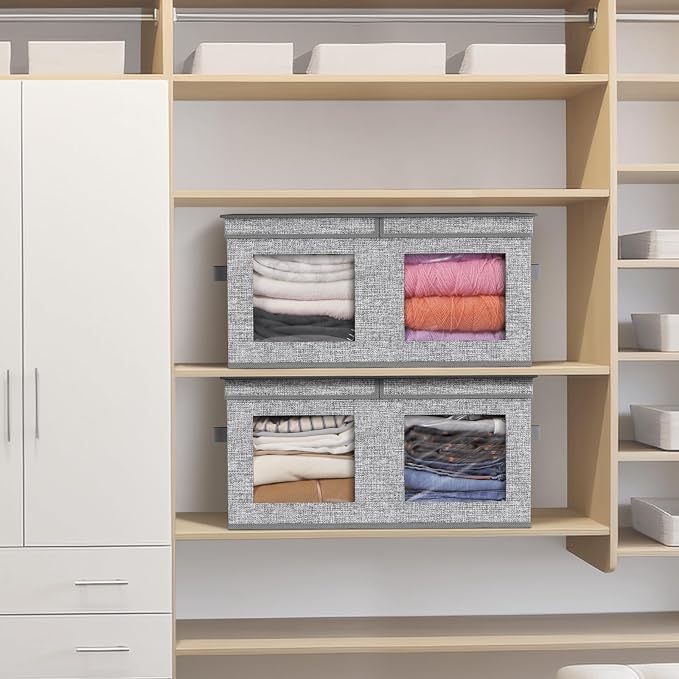 Univivi Large Fabric Storage Bins with Lids for Clothes 2 Pack, Grey | 24 x 17 x 12 In Foldable Storage Boxes with Handles, Clear Window, Closet Organizers for Home, Bedroom - Image 5