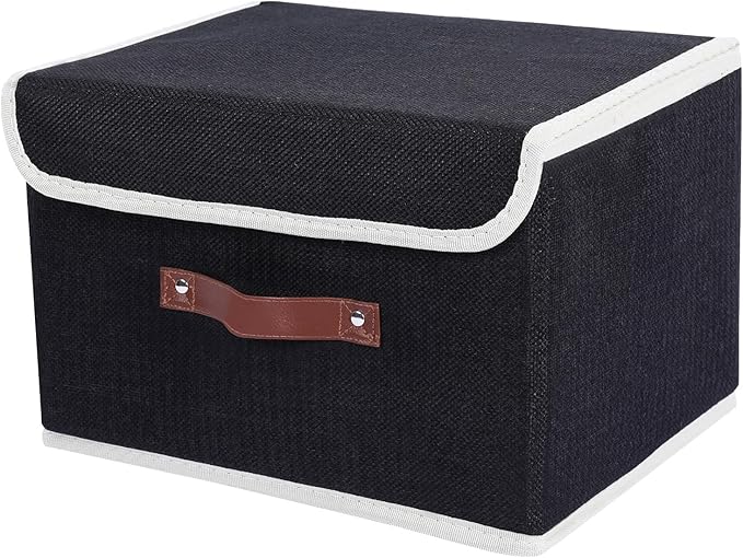 ANMINY Fabric Storage Box Bins with Lids, Black, 13"x9"x7.9" | Keepsake Memory Storage, Cotton Linen, PP Board Reinforced, Washable, PU Handles, Foldable & Stackable, Decorative, Medium by ANMINY
