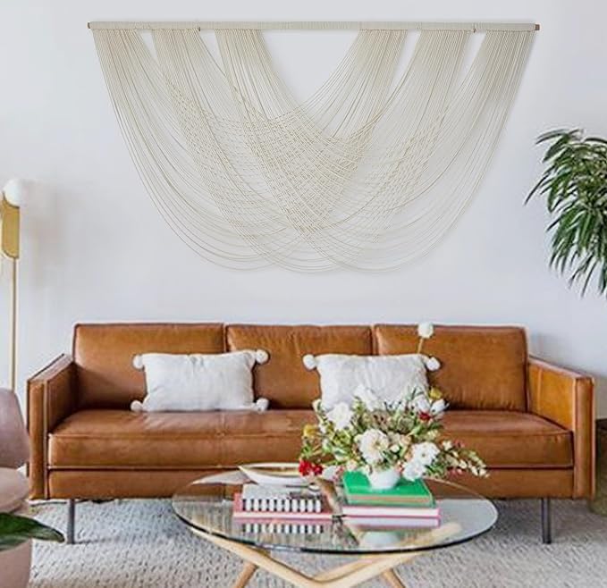Macrame Wall Hanging Boho Wall Decor Ivory Fiber Handmade Large 57"W*31"L | Large Sofa Wall Accent, for Bedroom Headboard Decor, Handwoven Yarn Texture, Boho Fiber Art Detail, Cozy Home Statement - Image 3