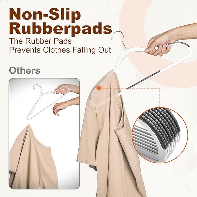 HOUSE DAY Non Slip Plastic Clothes Hangers 60 Pack with Rubber Pads, White | Space-Saving 0.2-Inch Slim Design; Heavy-Duty and 360° Swivel Hooks Keep Shirts, Coats, Suit, Blouse and Pants Organized - Image 4