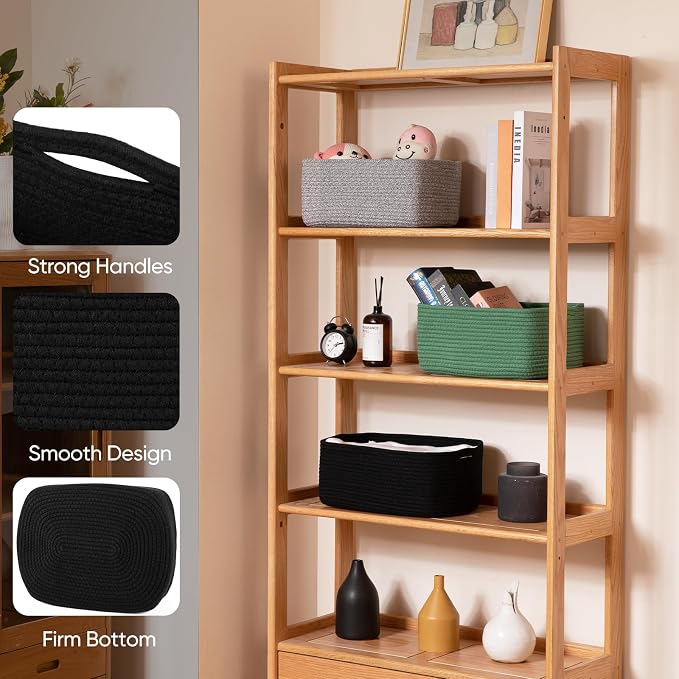 OIAHOMY 4 Pack 14.17 * 11.02 * 6.3IN Storage Baskets for Organizing Shelves, Woven Rope Baskets for Organizing Books, Clothes, Decorative Basket for Living Room, Nursery, Bedroom, Gift Basket, Black - Image 3