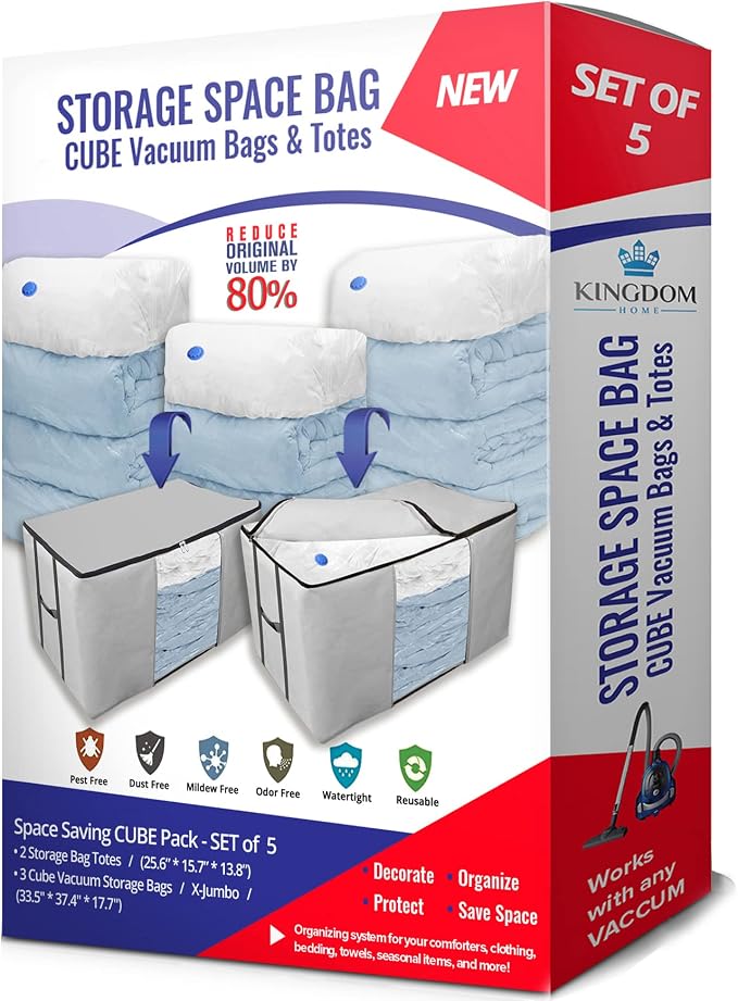 Vacuum Storage Bags, Cube Space Saver Bags, Bedding Space Saving Organizer | Premium Totes & Cubic Vacuum Compression Seal Bags for Clothing. Jumbo Organizer, Storing Comforters Blankets Pillows Clothes - Image 2