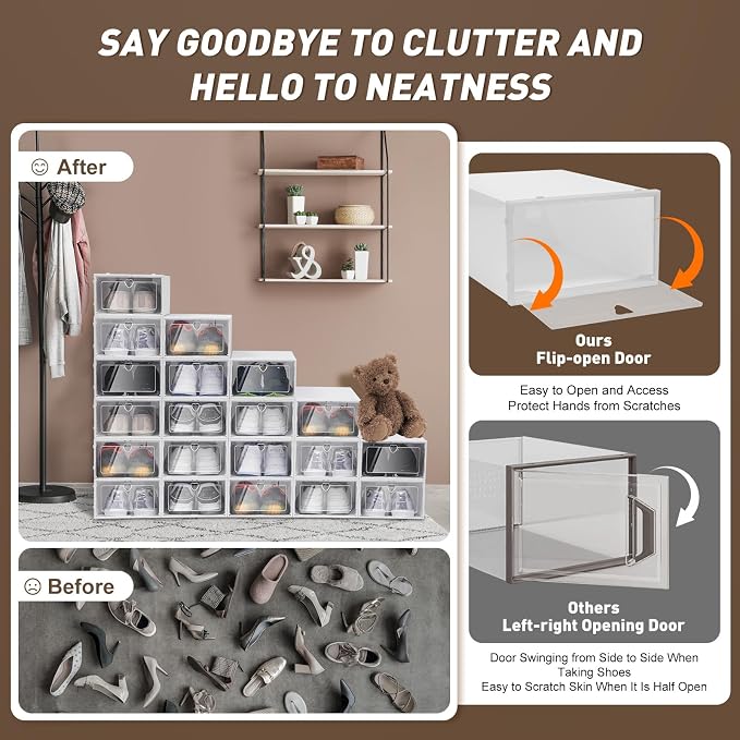 20 Pack Shoe Organizer for Entryway Closet, Clear Plastic | Need Assemble, Shoe Storage Boxes Fit up to Size 11/12 - Image 5