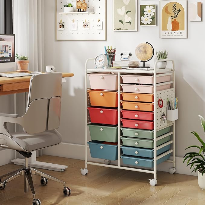DREAMADE 15-Drawer Rolling Storage Cart, Craft Organizer Cart, Macaron | Mobile Utility Cart with Metal Pegboard Panels, Tabletop and Lockable Wheels for Classroom, Office, Studio and Playroom - Image 2